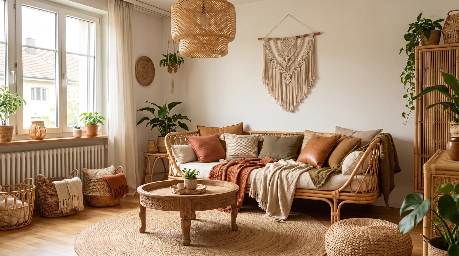 Warmes Wohnzimmer im Boho-Stil mit Rattan und Textilien