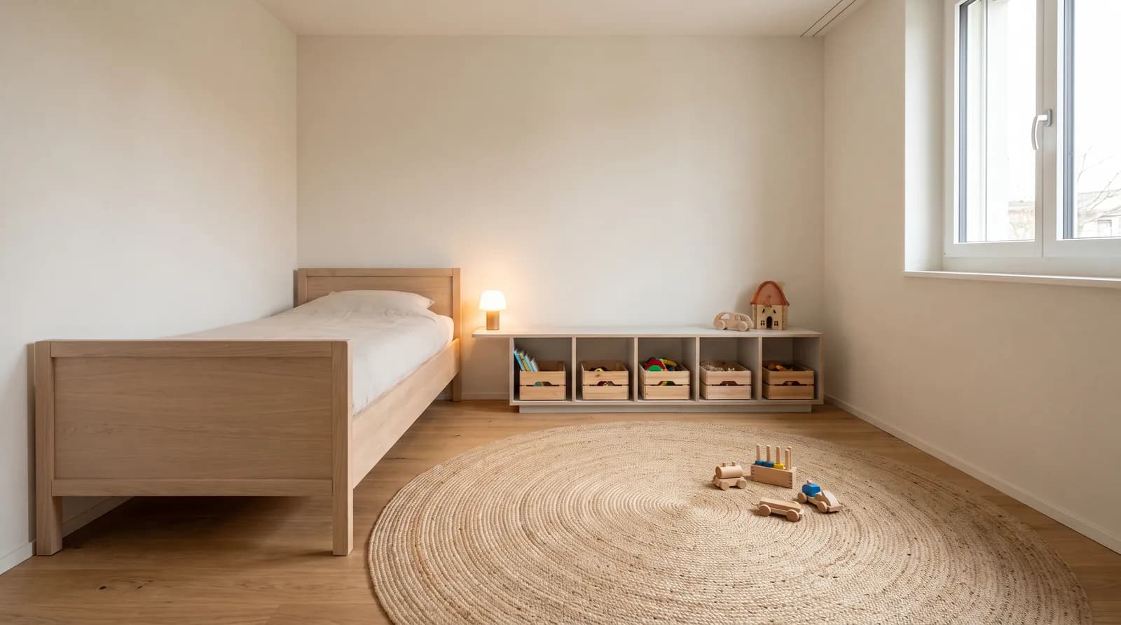 Kinderzimmer mit Bett, niedrigem Regal und Teppich