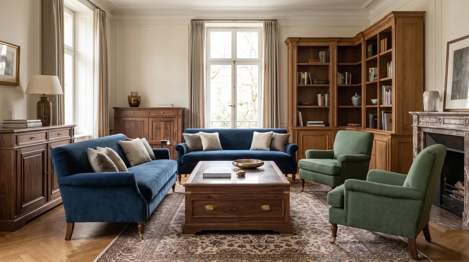 Salon élégant de style classique avec velours et noyer