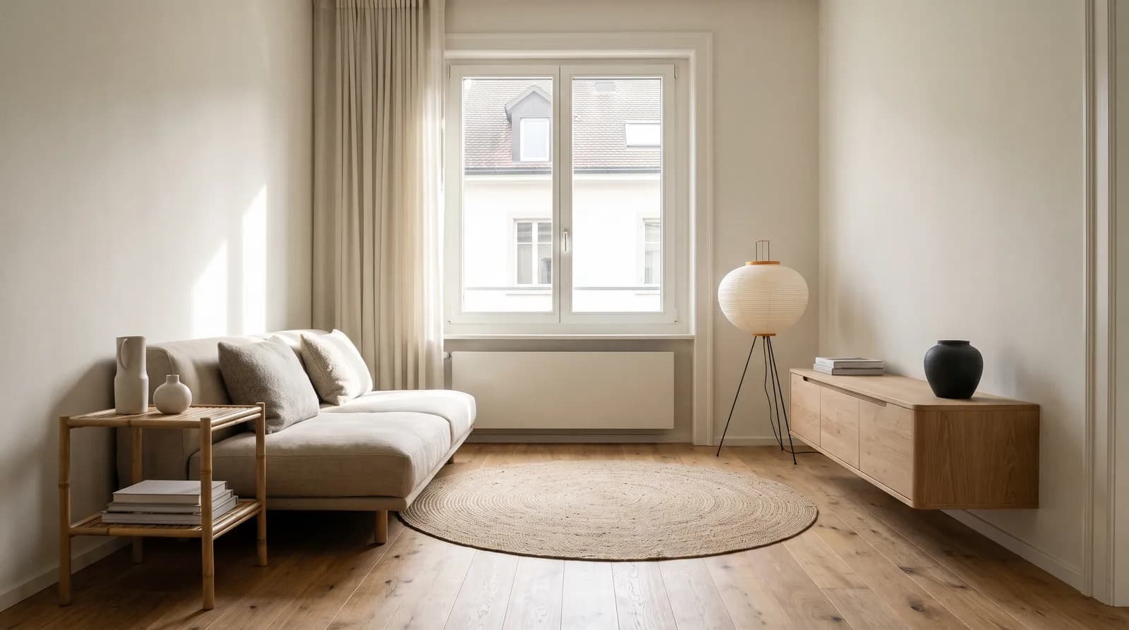 Ruhig eingerichtetes Wohnzimmer mit Holz und Naturtönen
